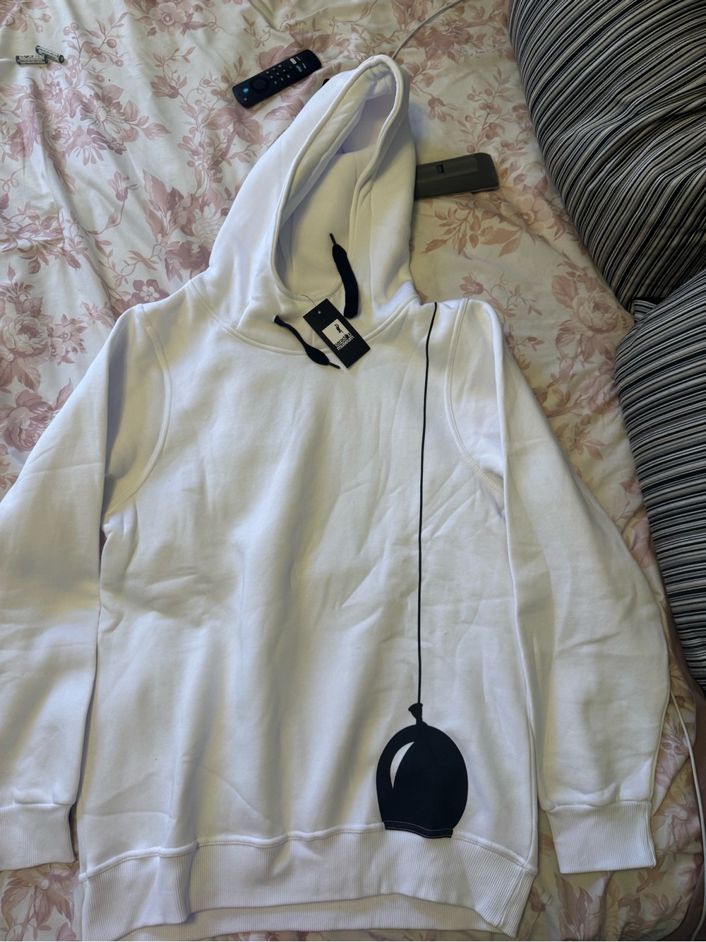Paradox White Crewneck Hoodie with Black Balloon Graphic